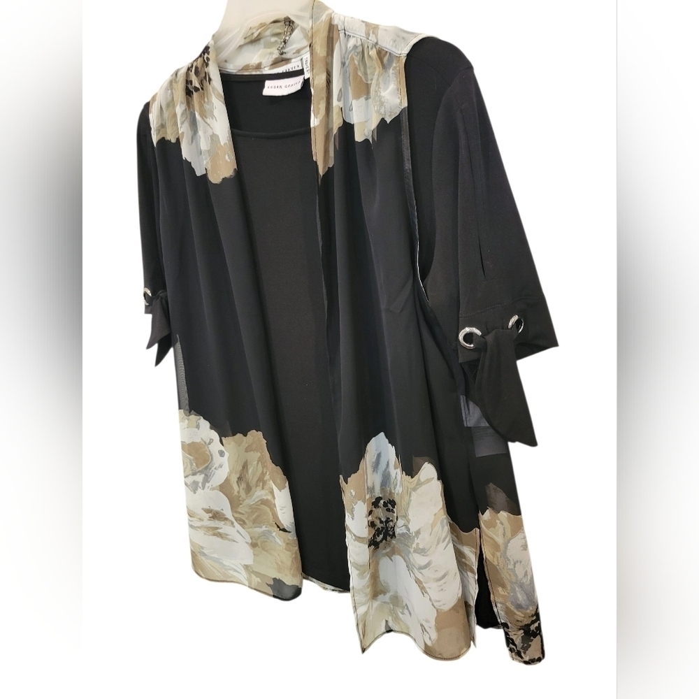 Susan Graver 2 Piece Matching Set Black Blouse & Cordinating Topper In Small